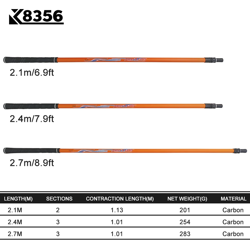 K8356 три секции телескопическая высоким содержанием углерода спортивная конкурентоспособная Brail стержень Сверхлегкий ultrahard выдвижной позиционирования Дизайн
