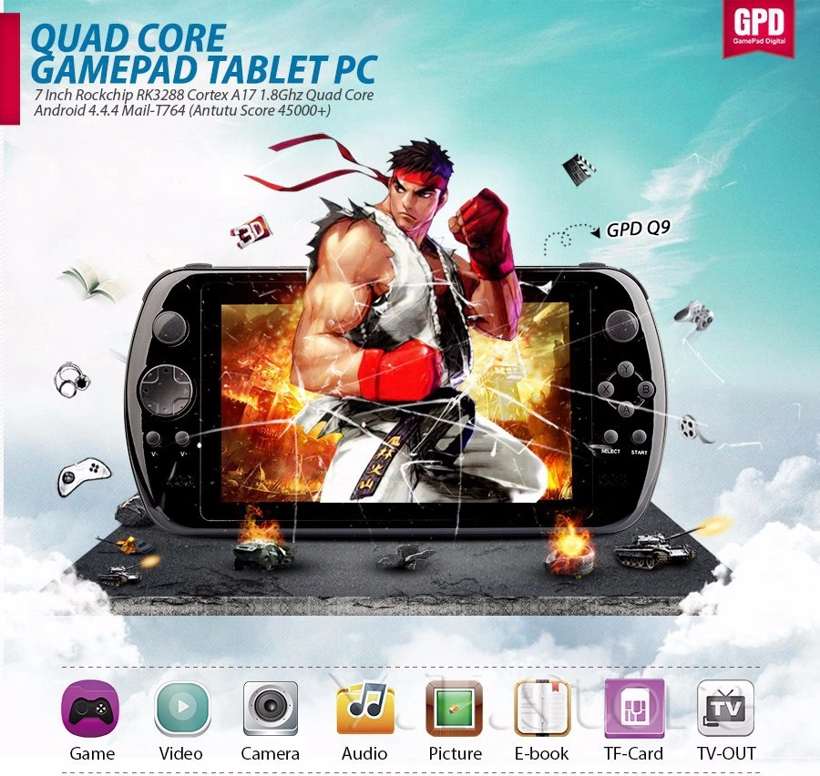 NEW GPD Q9 GamePad Game Tablet PC RK3288 7'' Android 4.4 Quad Core Game Handheld Console 2GB/16GB 3D Game Player 0.3MP Camera