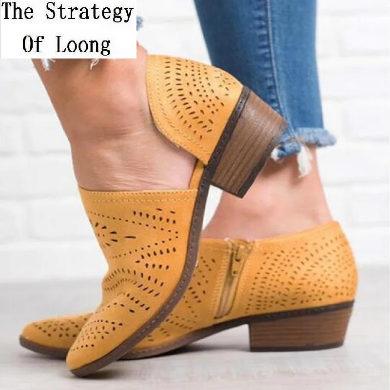 

2019 New Summer Fashion Hollow Zip Sewing Flower Plus size Women PU Sandals Thick Med Heels Cover Heel Breathable Shoes
