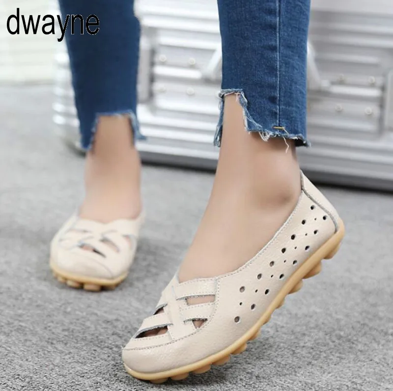 

Women Genuine Leather Shoes Casual slip-on Ballet Flat women Flats Cut out printing moccasins Ladies shoes white Summer hjm89