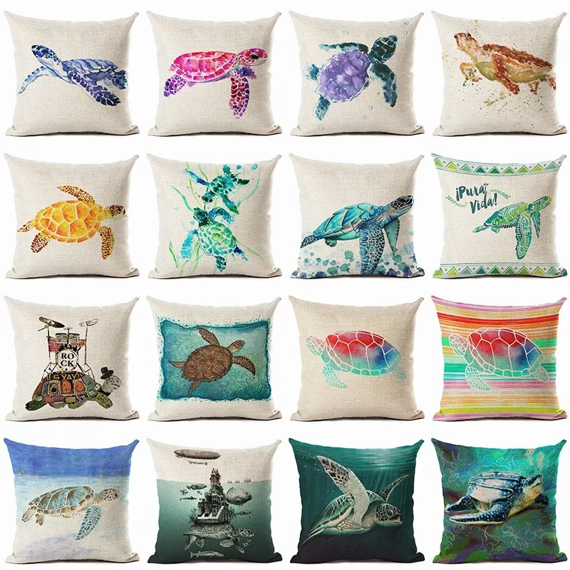

RECOLOUR Watercolor Sea turtle Printed Pillow cover Sofa Cushion Cover Home decor cojines decorativos para sofa 45X45cm