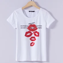 Горячая бурение губы печати тонкая футболка для женщин короткий рукав хлопок o-образным вырезом повседневные топы 4 цвета M-3XL Лето Новое поступление