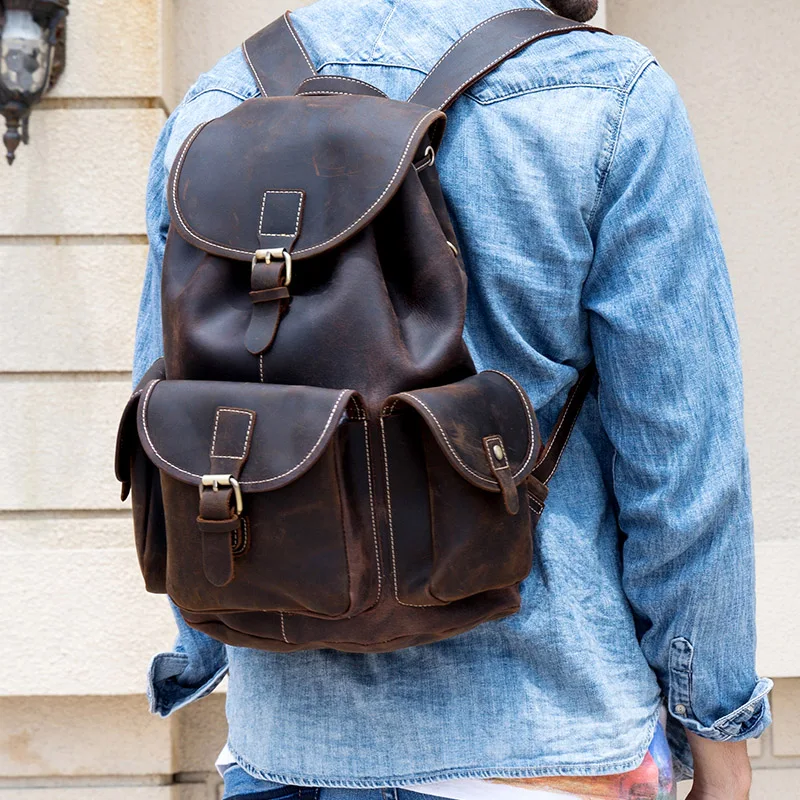 

Luufan Vintage crazy horse leather men backpack thick genuine cow leather women rucksack big capacity travel bag school backpack