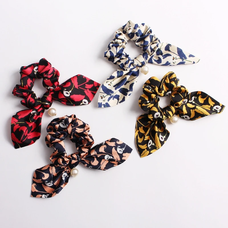 

1PC New Arrival Rabbit Ears Hair Band Women Elastic large Intestine Flower Print Hair Rope For Girls Party Best Gift Headwear