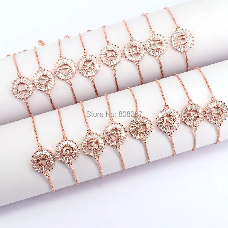 10 шт. розовое золото цвет 26 Алфавит браслет с буквами медь микро Pave CZ цирконий круглый шарм браслеты, бижутерия