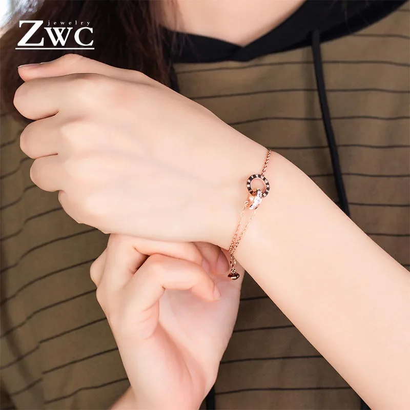 

ZWC New Fashion Hot Sale Roman Numeral Zircon Bracelet for Women and Girls Romantic Titanium Steel Rose Gold Bracelets Jewelry