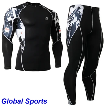 

2018 men's slim fit yoga base layer sets for sports biking long sleeves shirts+printed pants size s-4xl