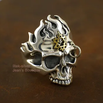 

925 STERLING SILVER FIRE SKULL SKELETON BIKER ROCKER MEN RING A3775