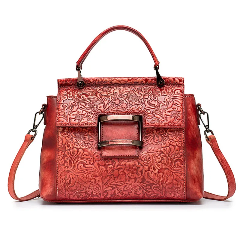 Высококачественная женская сумка с верхней ручкой, сумка через плечо с цветочным рисунком, натуральная кожа, тисненая винтажная Сумка-тоут, сумка-мессенджер, сумки на плечо - Цвет: Red