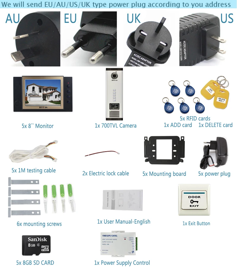 JERUAN 8 ''запись монитор 700TVL Камера телефон видео домофон доступа ворот дома запись безопасности комплект для 5 семей квартиры