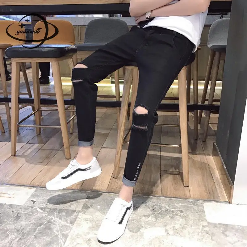 

YAUAMDB men jeans spring autumn 27-36 male trousers clothing hole pocket pencil pants zipper slim casual fashion man clothes y73