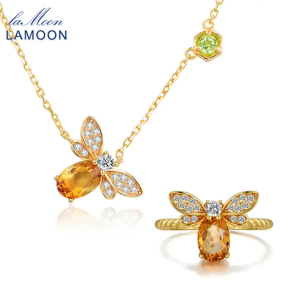 

LAMOON S925 Fine Jewelry Set Bee 5x7mm 1ct 100% Natural Citrine 925 Sterling Silver Jewelry S925 Plated V027-2
