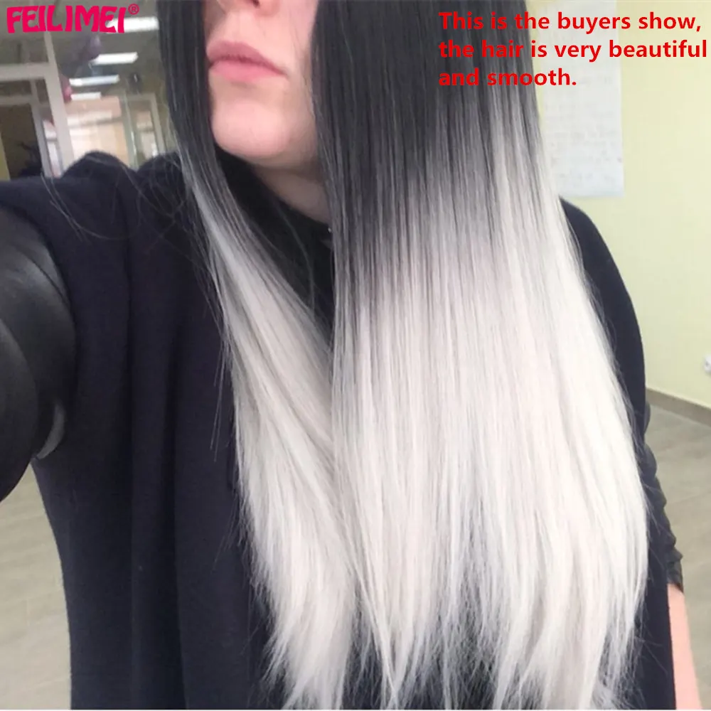 Feilimei Ombre Cosplay pelucas largas sintéticas pelo lacio rosa azul púrpura gris Rubio negro de color 24 pulgadas 280g completo la peluca