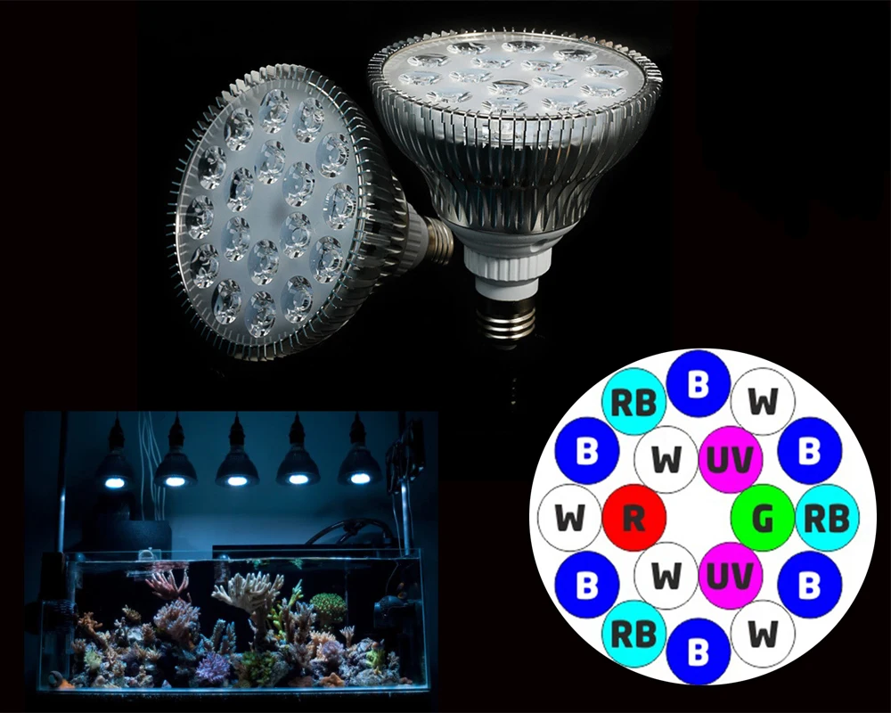 2016 new Aquarium Lamp E27 18W white+blue +green+red +UV LED Coral Reef