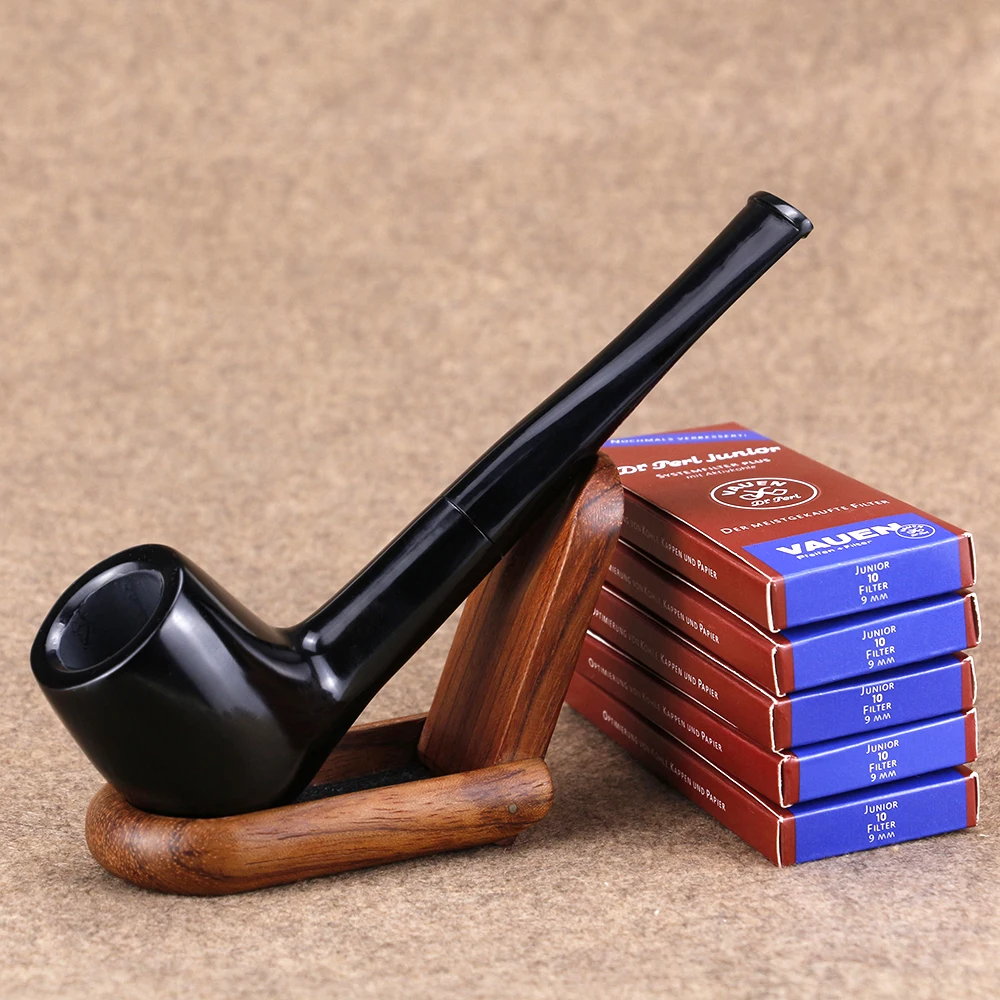 

Pure Black Smoking Pipe Set Wooden Stand 9mm Filter Tobacco Pipe Handmade Ebony Wood Pipe Men Straight Pipe Smoke Accessory