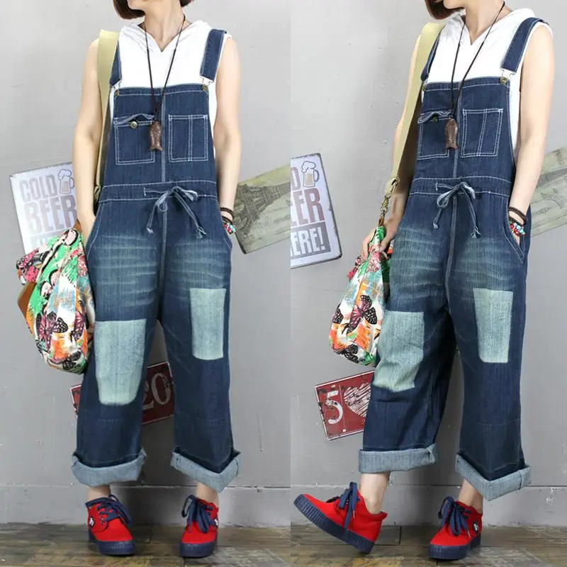fall baggy jeans jumpsuits women boyfriend drop crotch denim overalls pants hip hop wide leg harem trousers large size rompers Free Shipping 2019 New Fashion Overalls Sleeveless Denim Loose Jumpsuits And Rompers With Pockets Wide Leg Women Trousers