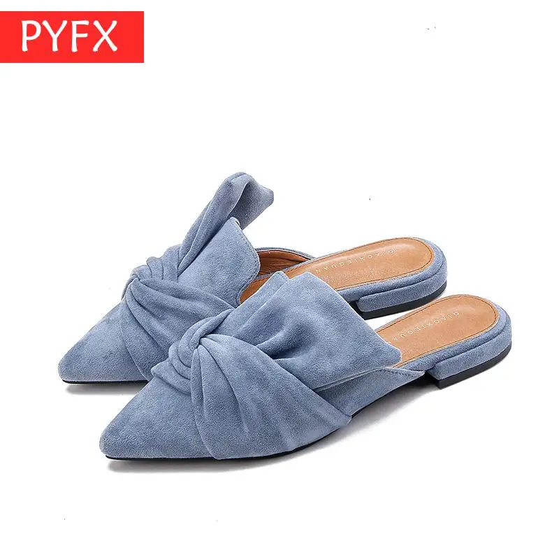 

Tip-toed shoe Women's Thick Heel 2019 New Korean Fashion Slippers Spring Summer Flat heeled soled suede bowknot 41yards shoes