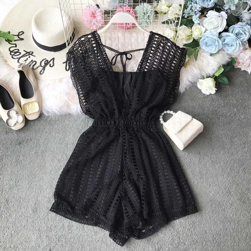 New Summer Bodysuit Women White V-Neck Rompers Hollowed Out Playsuits Women Sleeveless Vacation Jumpsuits New Summer Bodysuit Women White V-Neck Rompers Hollowed Out Playsuits Women Sleeveless Vacation Jumpsuits