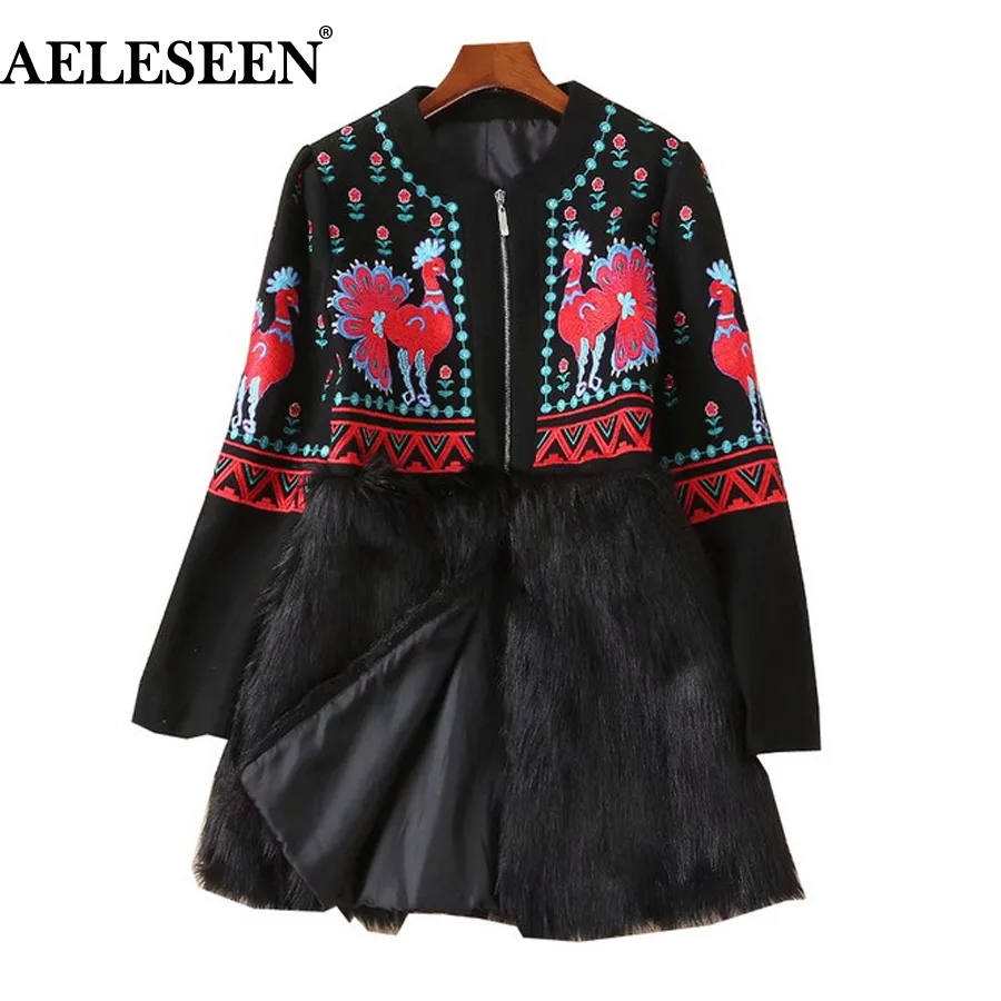 

AELESEEN 2018 Women's Warm Coat New Fall Winter Full Sleeve Wool Luxury Flower Embroidery Ethnic Hairy Black Patchwork Long Coat