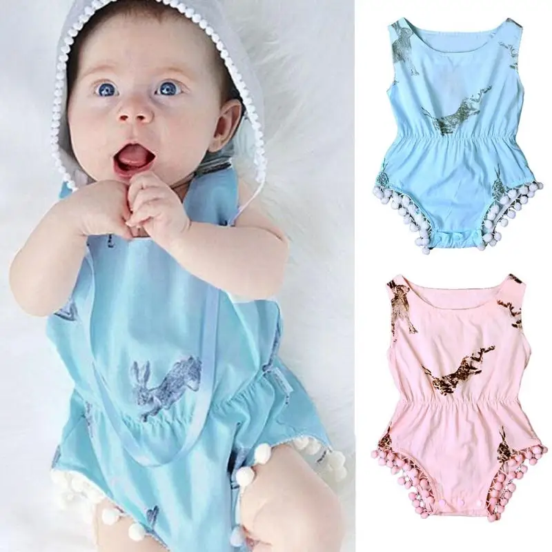 Girls Sleeveless Tassels Ball Romper Rabbit Printing cotton Jumpsuit