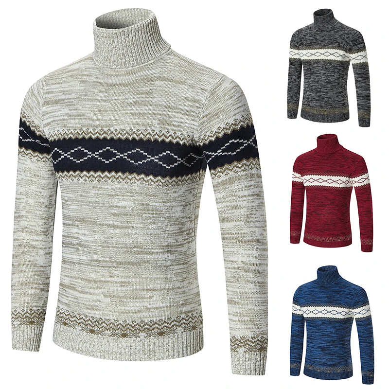 T-Bird Осенняя брендовая одежда мужской свитер в полоску с высоким воротником и круглым вырезом, приталенные повседневные пуловеры мужские свитера, сохраняющие тепло, вязаные