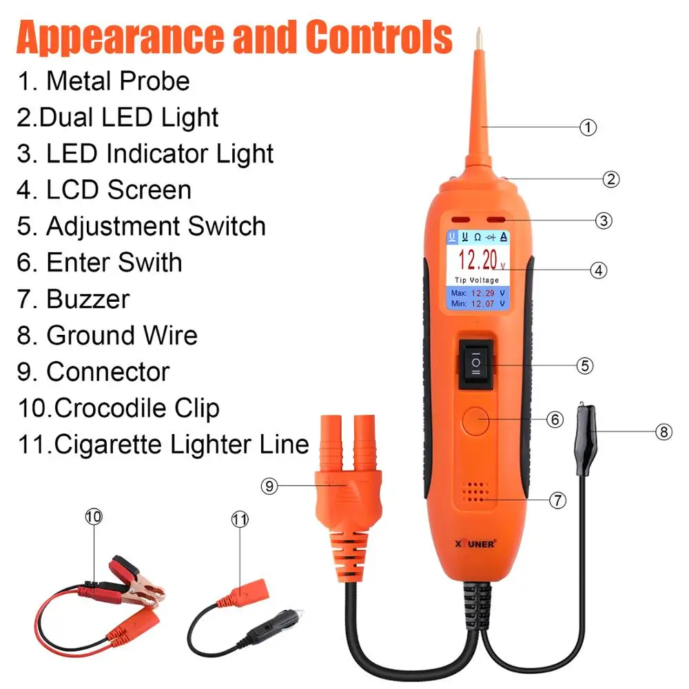 XTUNER PT101 12 В/24 В тестер автомобильной батареи тестер цепи зонд питания DC/AC электрическая цепь Авто Электрическая система сканер