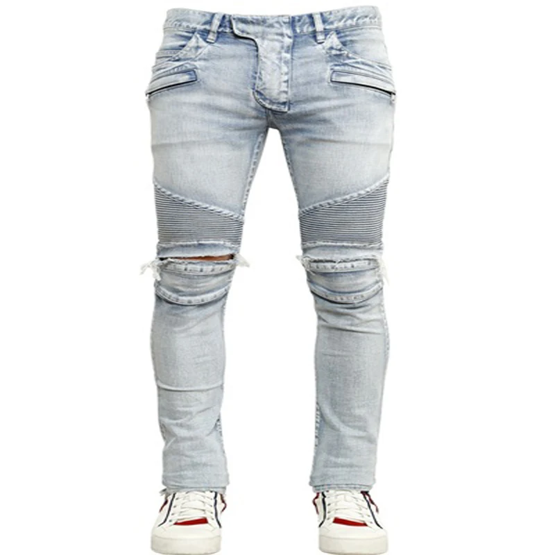 Famous Brand Men Biker Jeans 100 Cotton Pleated White Motorcycle Jeans