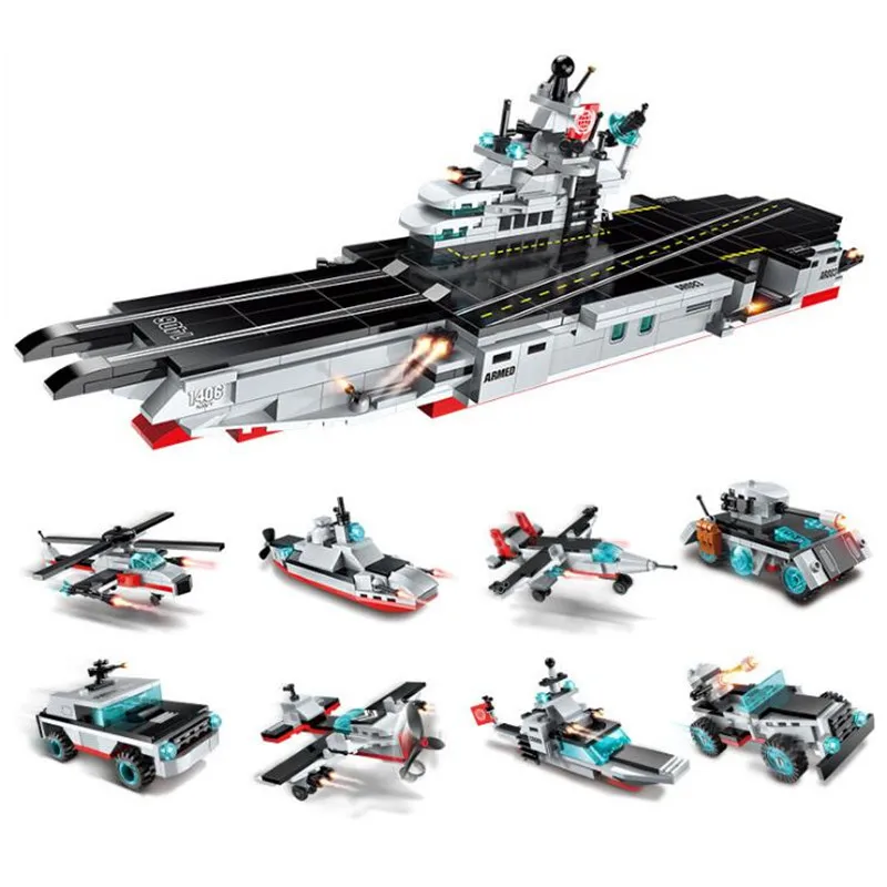 8In1 643Pcs Military Army Fighter Warship Carrier Weapon Building Blocks Bricks Model Compatible Legoings War Toys for Children