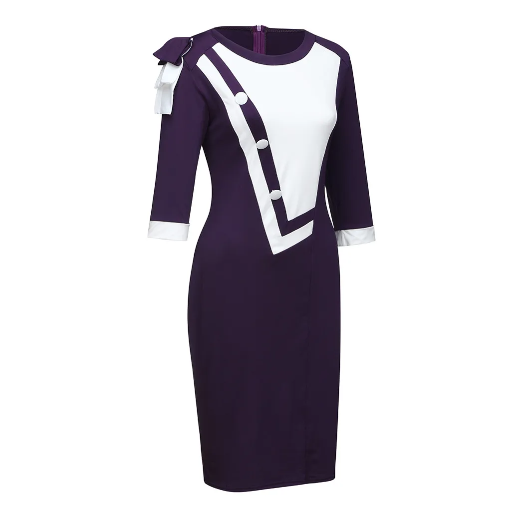 Purple Летнее женское платье, новинка, модное Повседневное платье с круглым вырезом и бантом на плече, на молнии сзади, с цветными вставками, рукав 3/4, облегающее платье - Цвет: Purple