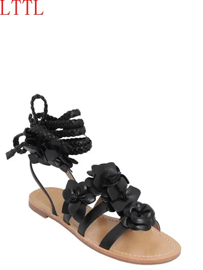 2017 summer women shoes flat fashion black flower sandals women ankle-wrap ladies shoes lace-up sandalias mujer big size 42 shoe