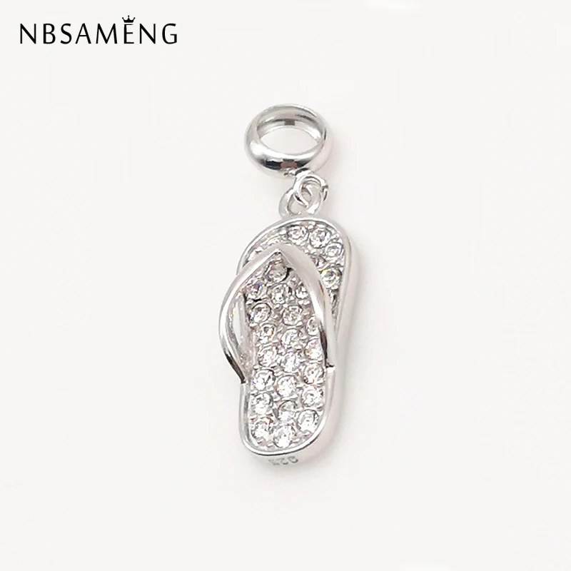 

New 100% 925 Sterling Silver Beads Charm Shoes Slipper Flip Flop Pave CZ Pendant Charms Fit Pandora Bracelets DIY Women Jewelry