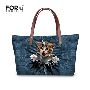 

FORUDESIGNS Cute Denim Cat Dog Handbag For Women High Quality Casual Tote Shouler Bag Crossbody Casual Large Bag bolsos mujer
