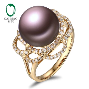 

18k Yellow Gold precious 11-12mm Round Freshwater Pearl Ring 0.36ct Natural Diamond manufacturer Free Shipping