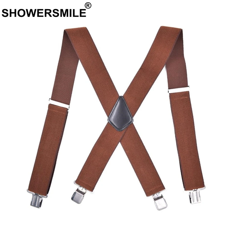 

SHOWERSMILE Suspenders Brown Mens Pants Suspenders Braces 120cm 4 Clips Leather Male Trouser Straps Vintage Shirt Suspenders
