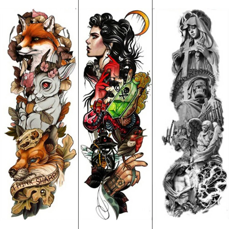 

48*17cm full arm tattoo stickers large flower shoulder fox Cross God design fake tattoos sleeve body paint death skull rose Fire