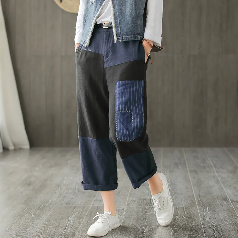 

Johnature 2019 Spring Summer New Wide Leg Casual Pants Loose Soft Cotton Trousers Women Zipper Fly Vintage Patchwork Pants