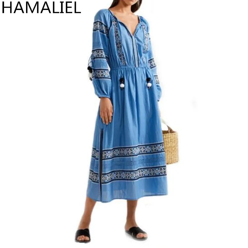 

HAMALIEL Spring Summer Holiday Beach Maxi Midi Dress 2018 Boho Ethnic Long Sleeve Embroidery Cotton Ball Tie Vestidos Dress