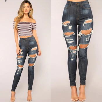 

Jeans female hole denim ladies feet pants