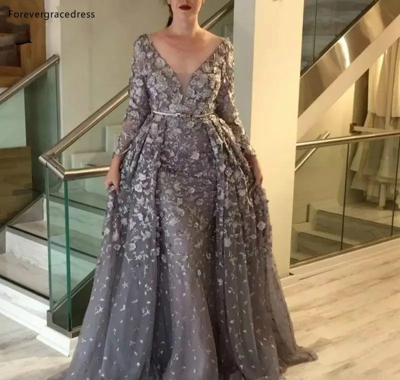 Vintage Dark Gray Long Sleeve Mother of Bride Groom Dress With Detachable Train Mermaid Sheer V Neck Applique Fitted Long Evening Prom Gowns  169 (2)