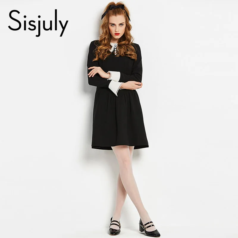 Sisjuly Vintage Women Dresses A Line Autumn Black Knee Length Long Sleeve Natural Turn Down Collar