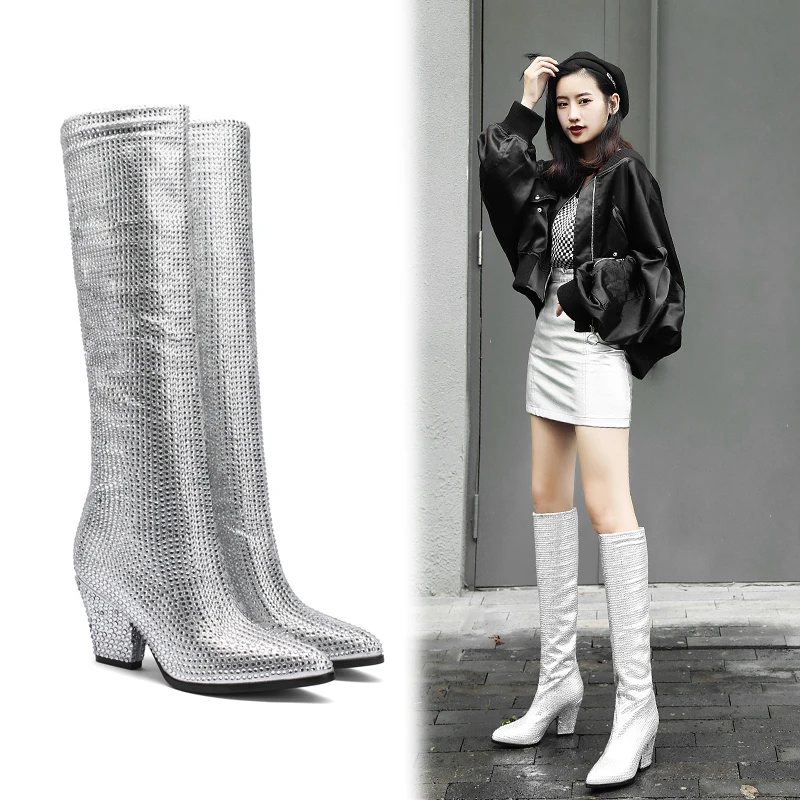 

Arden Furtad2018 autumn fashion knee high boots crystal fashion shoes for woman ladies rhinestone silver gold booties size 33 41