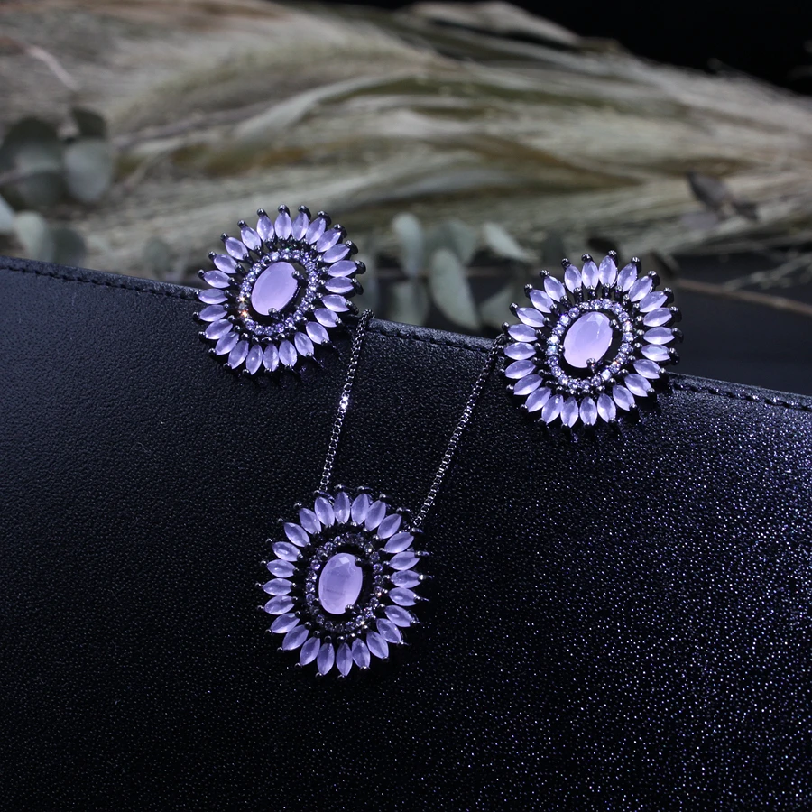 Round Flowers pendant necklace and  stud earring jewelry set2