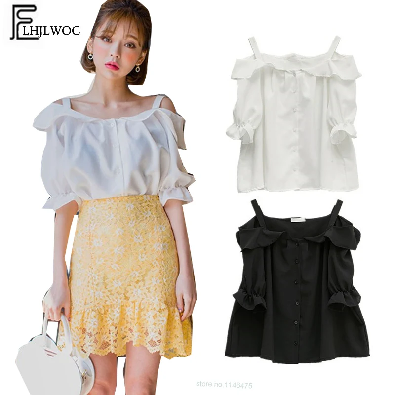 

Chiffon Blouses Shirts Women Summer Japan Japan Cute Design Short Tops Sweet Girls Suspender Chiffon Off Shoulder Blouse 672