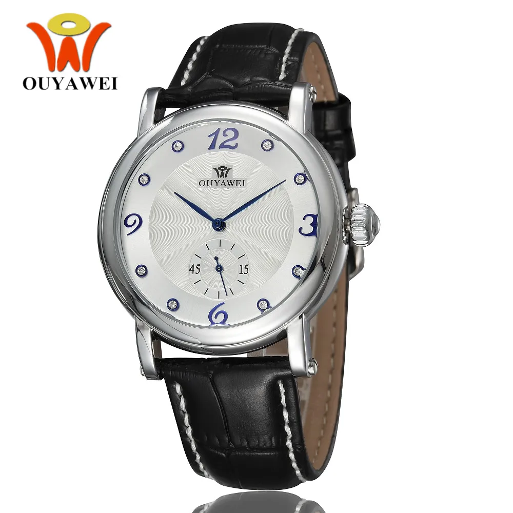 

OUYAWEI Luxury Automatic Self Wind Analog Mens Watch Clocks Leather Strap Male Business Casual White dial Waterproof Wristwatch