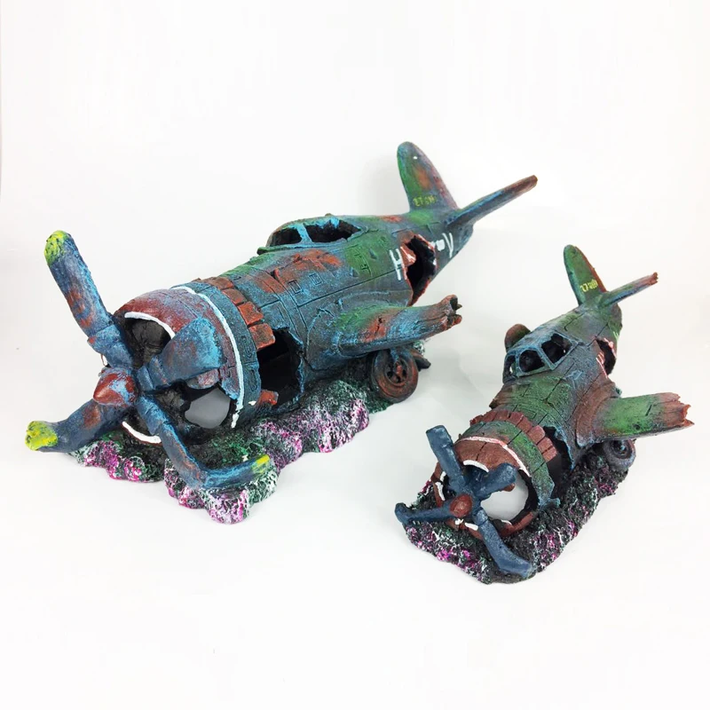 Resin-Fish-Tank-Ornament-Cave-Aquarium-Decoration-Damaged-Battleplane-Fighter-Plane