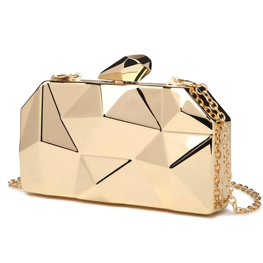 An Acrylic Box Geometric Clutch with a gold chain.