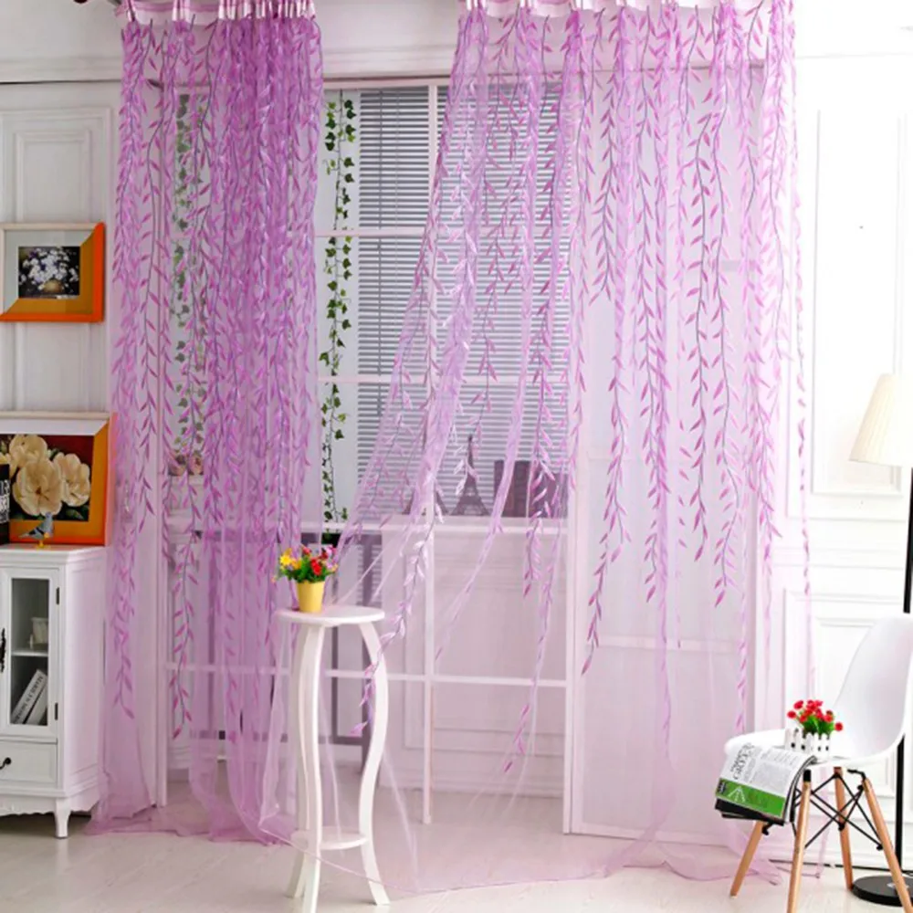 1x2 M домашний текстиль дерево занавески с принтом ива жалюзи вуаль тюль комнаты Шторы Sheer Панель шторы для спальни жизни Кухня - Цвет: Фиолетовый