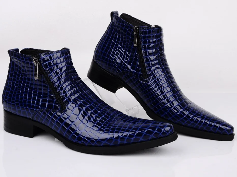 Large size EUR46 serpentine blue / black pointed to dress shoes mens ankle boots genuine leather wedding shoes  busines shoes