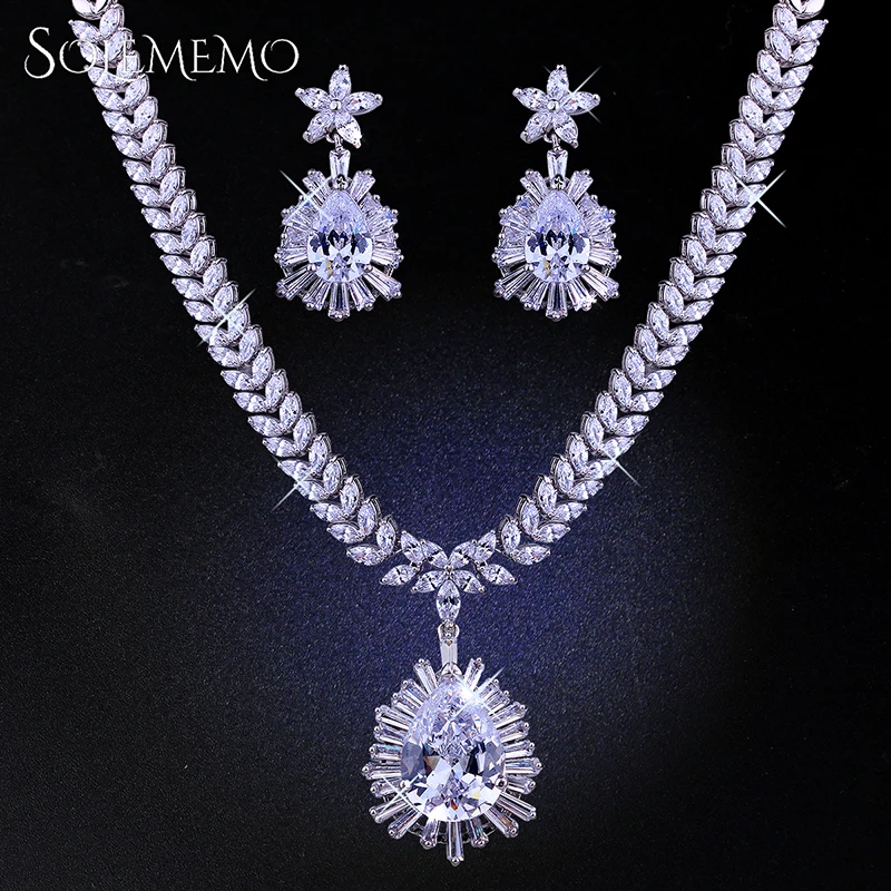 

Solememo Luxury Cubic Zircon Wedding Jewelry Sets for Brides Crystal Drop Earrings Statement Necklace Women Jewelry Set N6102