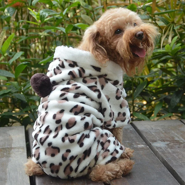 Зимний мягкий теплый комбинезон для собаки, щенка, кота, флисовая одежда с леопардовым принтом, костюм, пальто, комбинезон с капюшоном